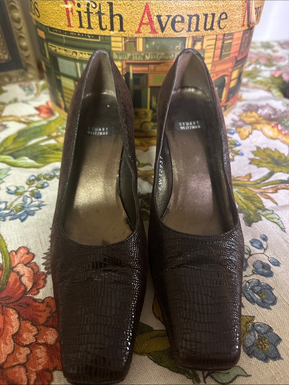 Stuart Weitzman Dark Brown Textured Square-Toe Pumps